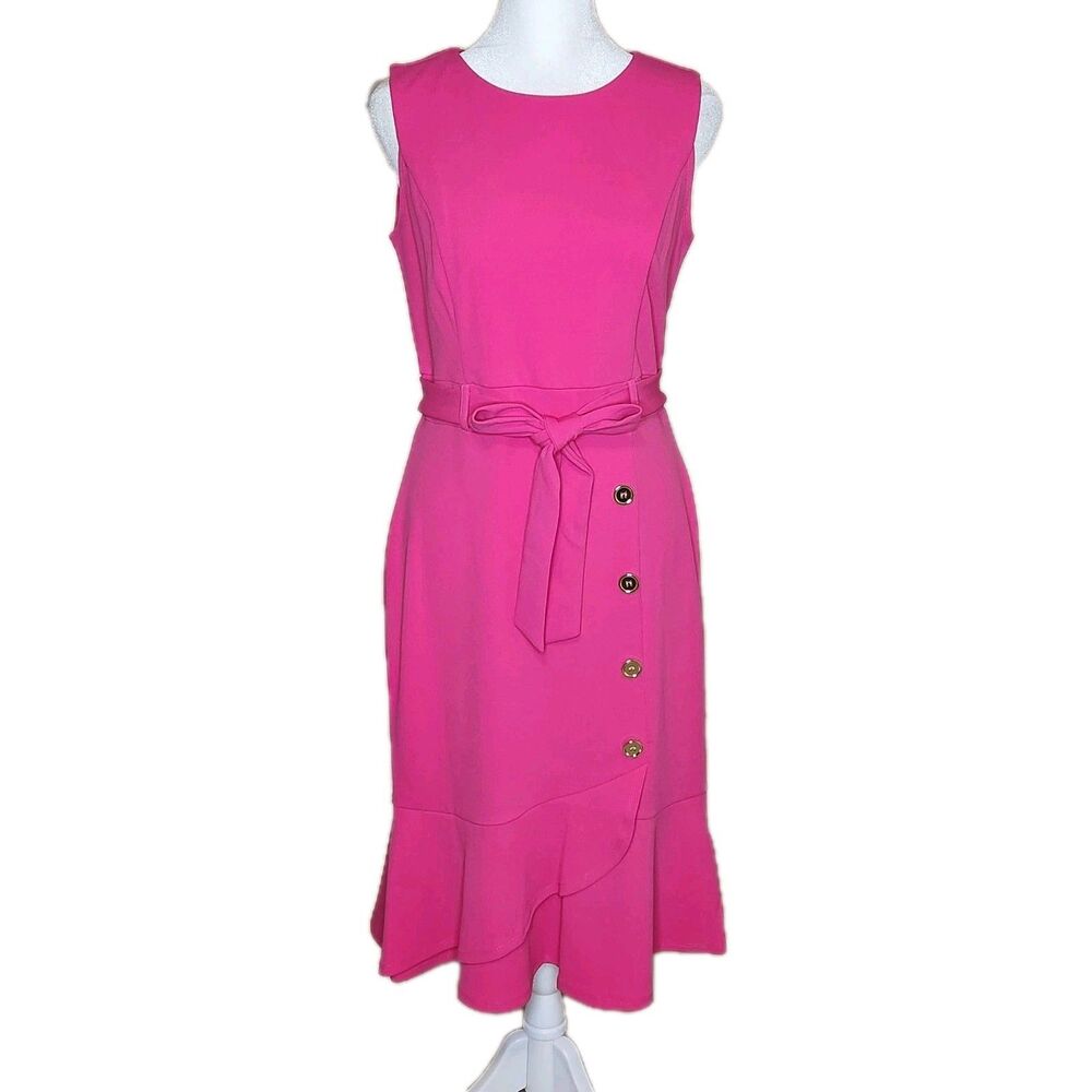 Enrevelry Hot Pink Barbiecore Sleeveless Ruffle Tulip Hem Midi Dress Size 6 NWT